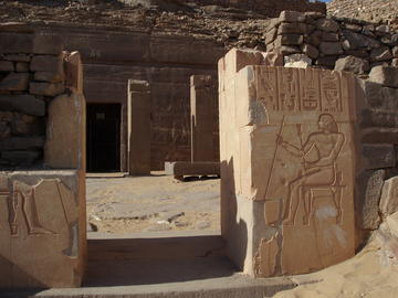 Photograph of the outside of an ancient Egyptian tomb-complex